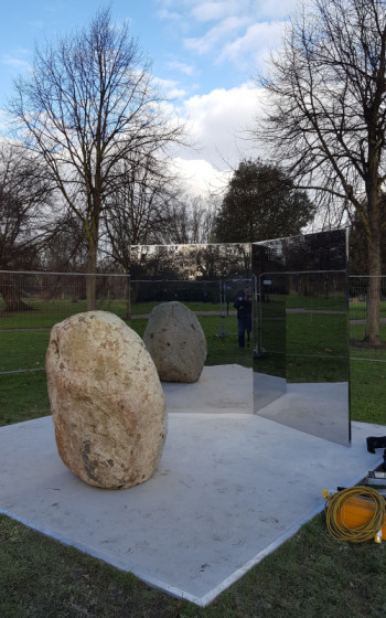 Lee Ufan, Relatum, Serpentine Gallery, Kensington Gardens London, Cleaning after Installation . Photo HGMP Lee Ufan, Relatum, Serpentine Gallery, Kensington Gardens London, Cleaning after Installation . Photo HGMP