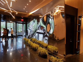 Based Upon, Aluminium Sculpture, Equinox Hotel, Hudson yards, NY. Photo HGMP. Based Upon, Aluminium Sculpture, Equinox Hotel, Hudson yards, NY. Photo HGMP.